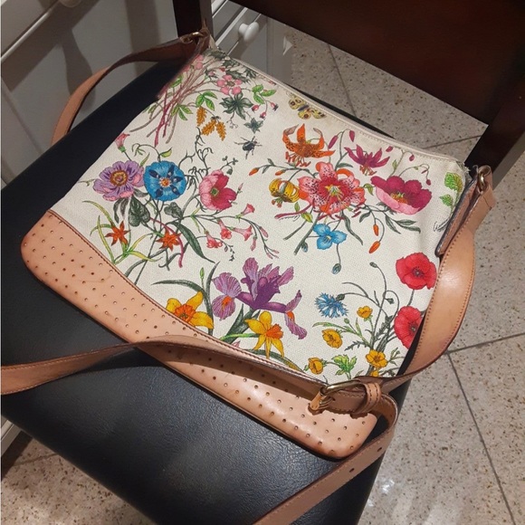 GUCCI FLORA Canvas Calfskin Medium Flat Messenger Bag Crossbody Shoulder Handbag - Picture 5 of 15